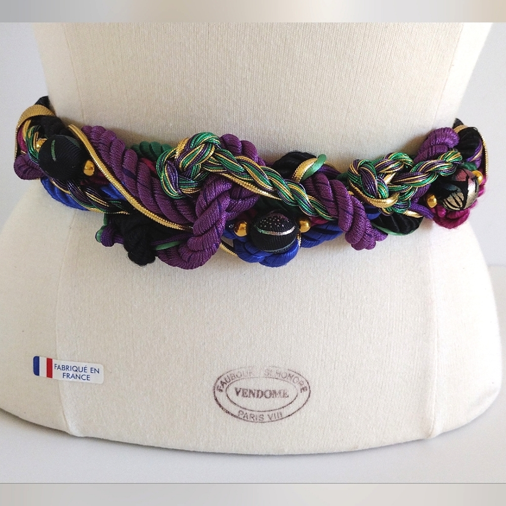 Vintage 80s Ione Jewel-Tone Braided Beaded Adjustable Wide Belt